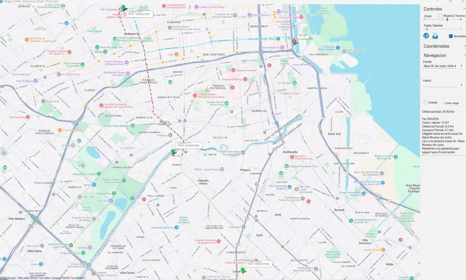 Informe de CRM Go Live sobre el mapa con un recorrido de pedidos