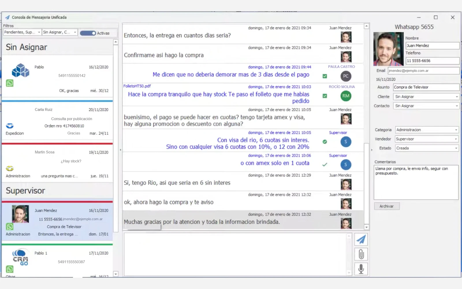 Consola de mensajería unificada de CRM Go con las conversaciones asignadas y el cliente asociado a cada número