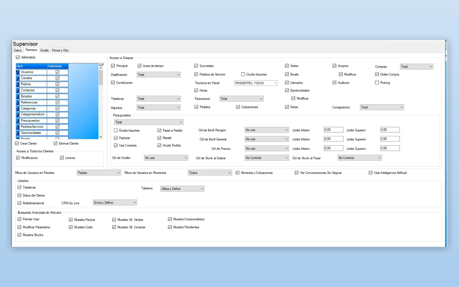 Permisos de un usuario en CRM Go: acceso a cada solapa, a presupuestos y a todos los clientes