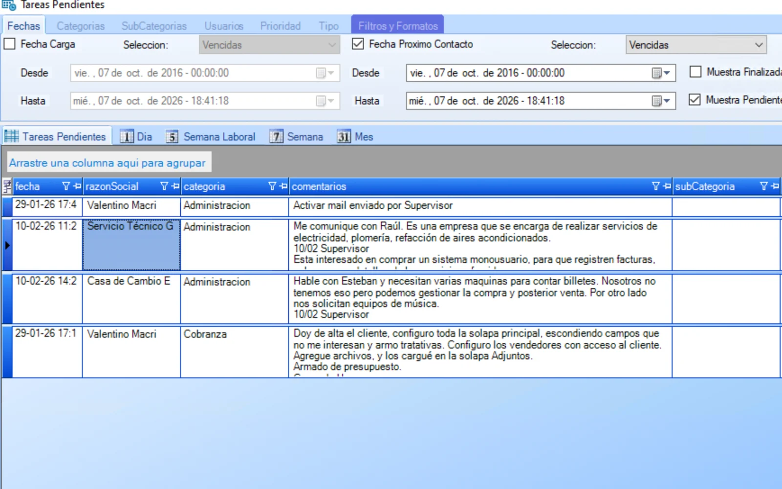 Panel de tareas pendientes de CRM Go con la agenda por vencimiento