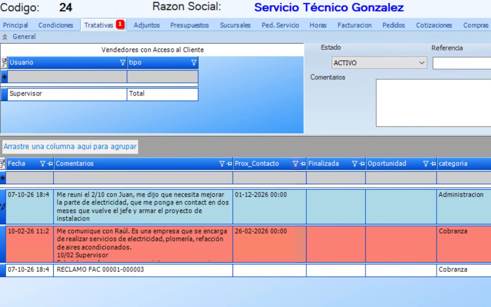 Tratativas de un cliente en CRM Go: fecha, comentario, próximo contacto, categoría y usuario asignado