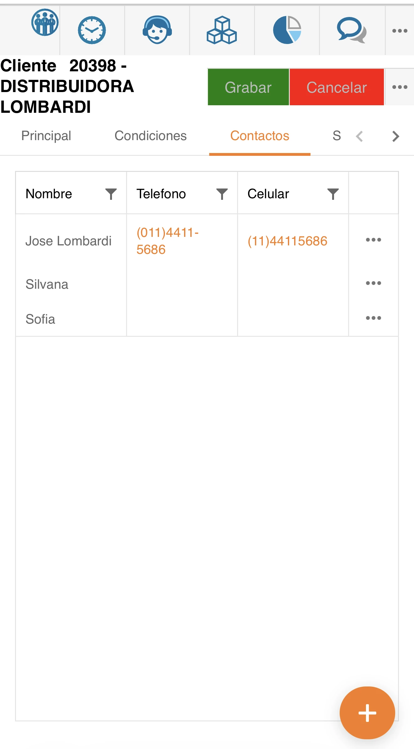 CRM Go web en el celular: los contactos de la misma cuenta, con sus teléfonos