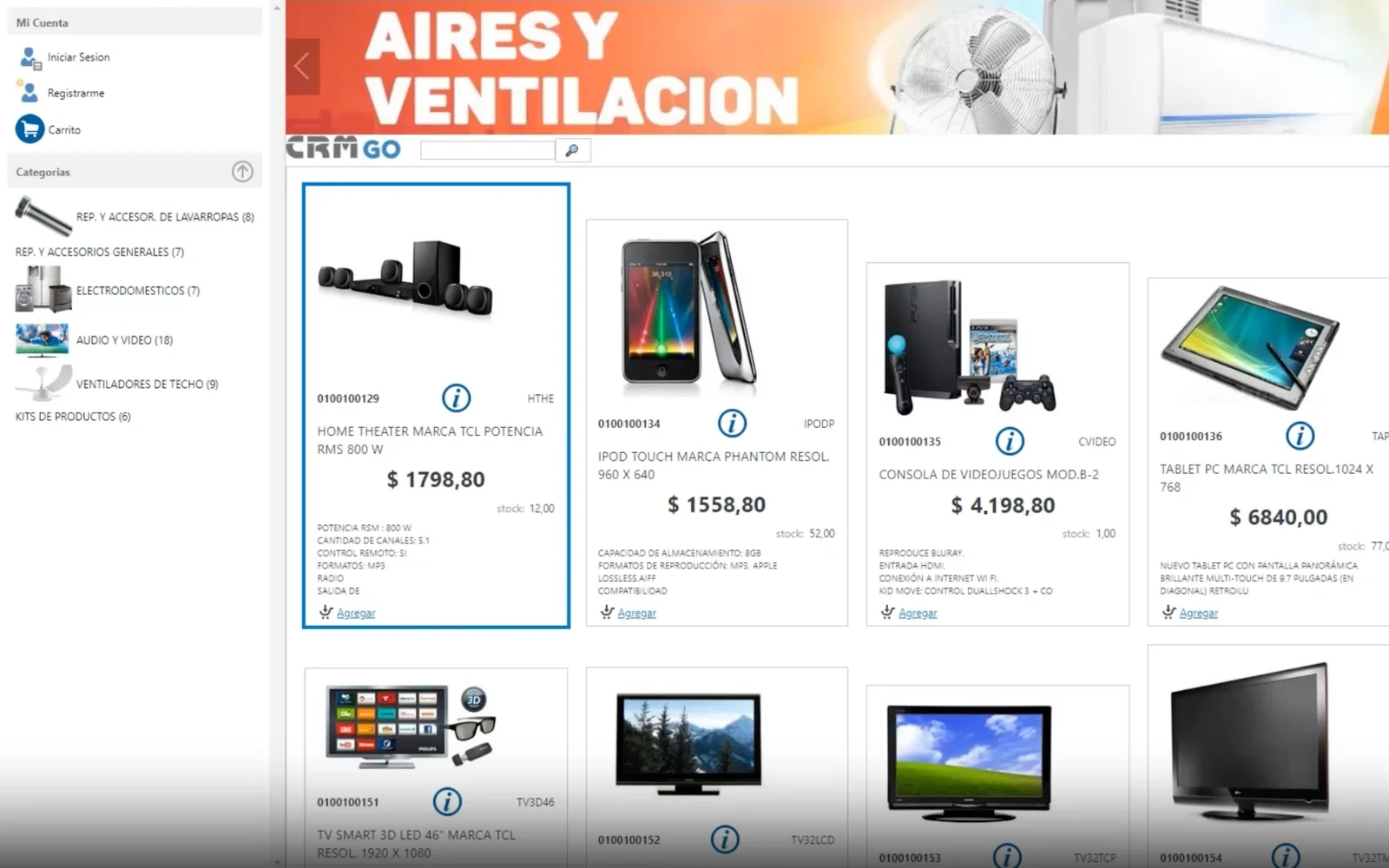 Tienda online con banner de promociones, categorías y productos con precio y stock