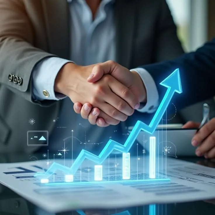 Apretón de manos al cerrar un negocio, con un gráfico de ventas en alza
