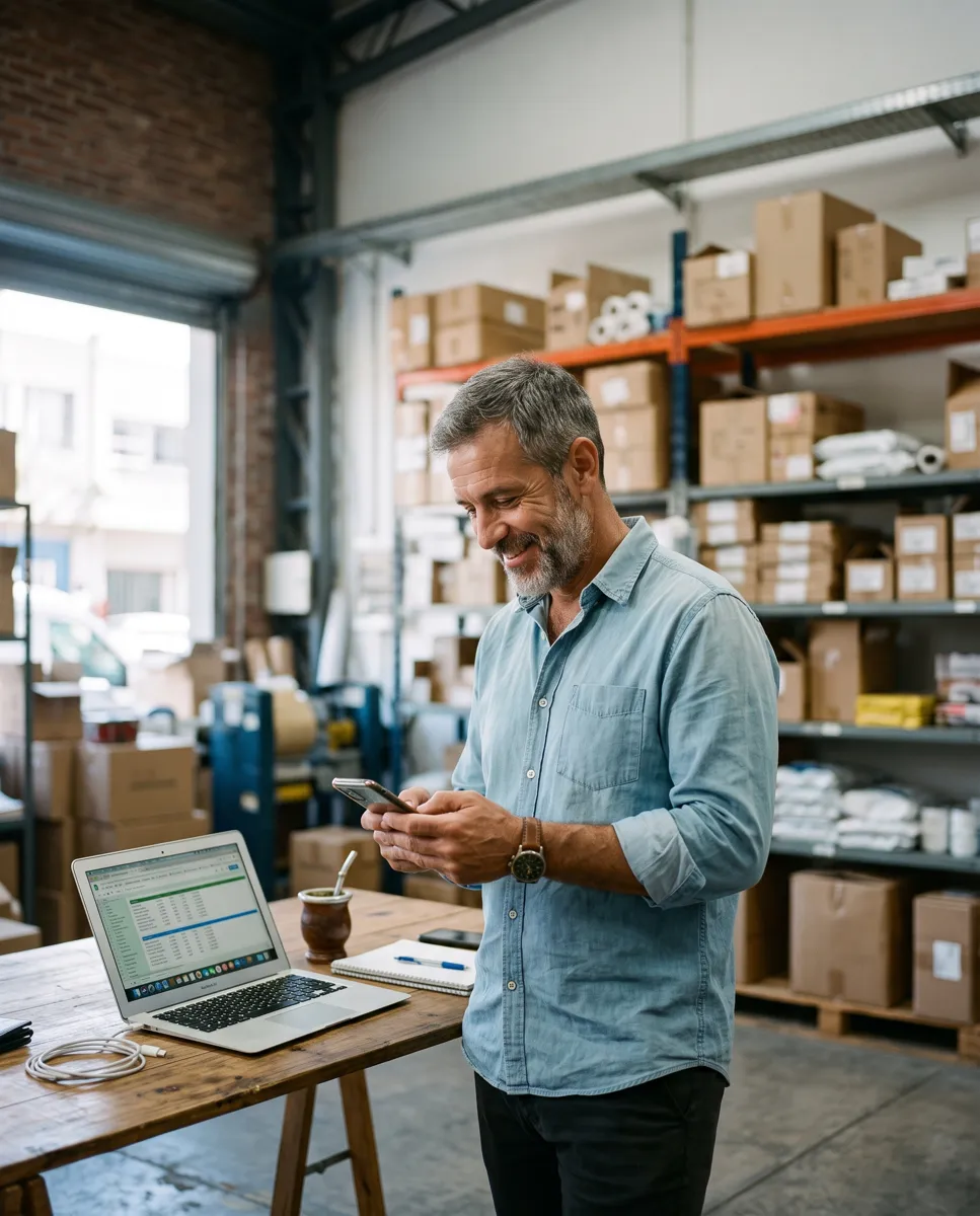 Responsable de un depósito con estanterías de mercadería, consultando un pedido en el celular