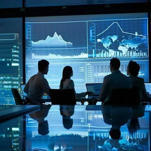 Equipo en una capacitación, frente a los tableros de indicadores