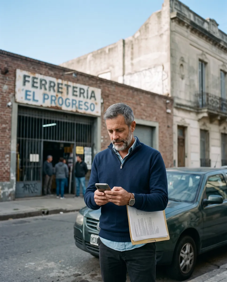 Vendedor frente a una ferretería de barrio, revisando un presupuesto en el celular