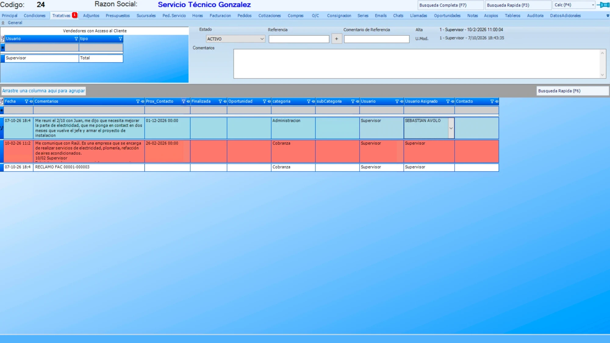 Tratativas de un cliente en CRM Go: fecha, comentario, próximo contacto, categoría y usuario asignado