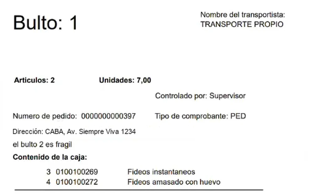 Etiqueta del bulto con transportista, número de pedido, dirección de entrega y contenido de la caja