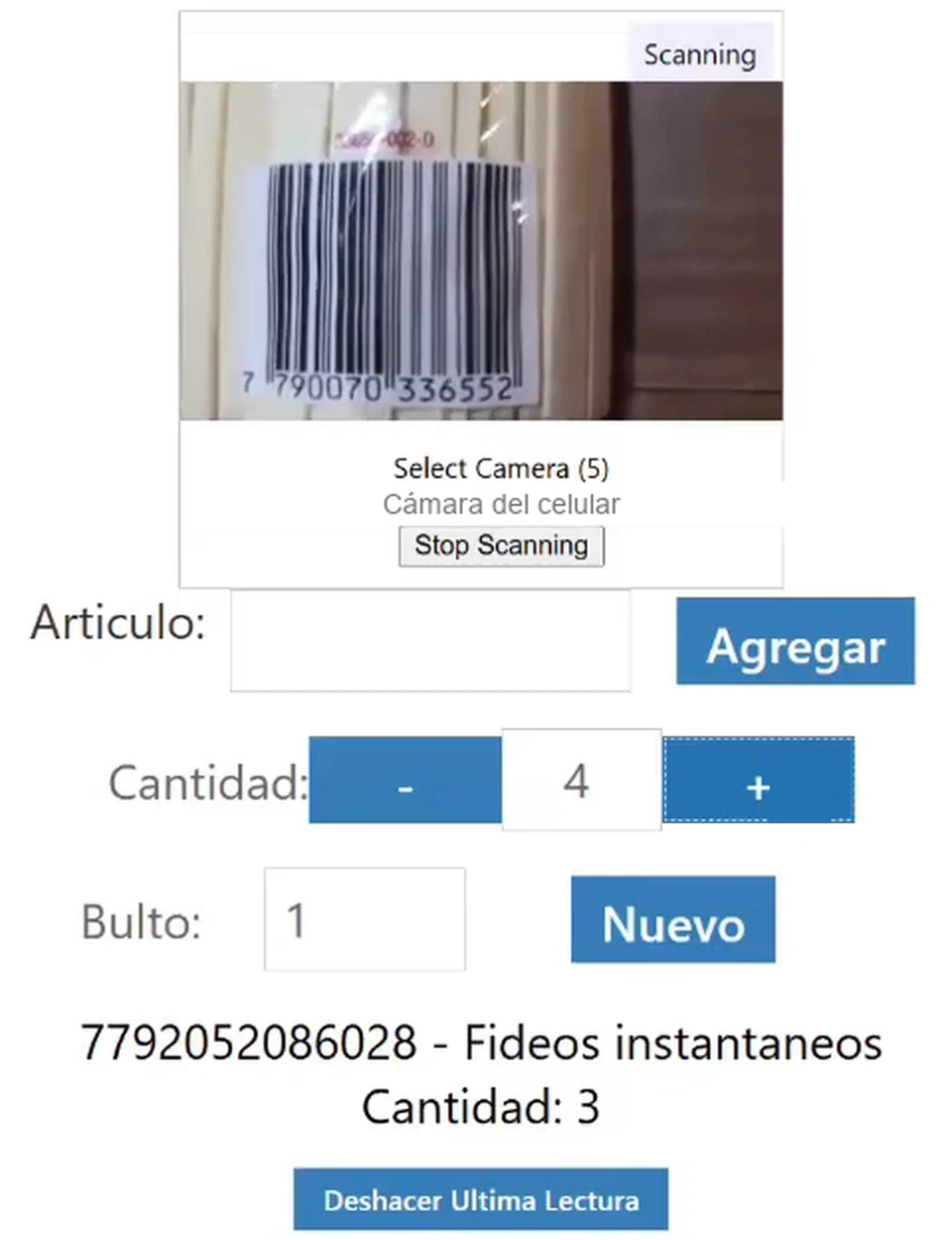 Pantalla de verificación: se lee el código de barras del artículo y se suma la cantidad al bulto