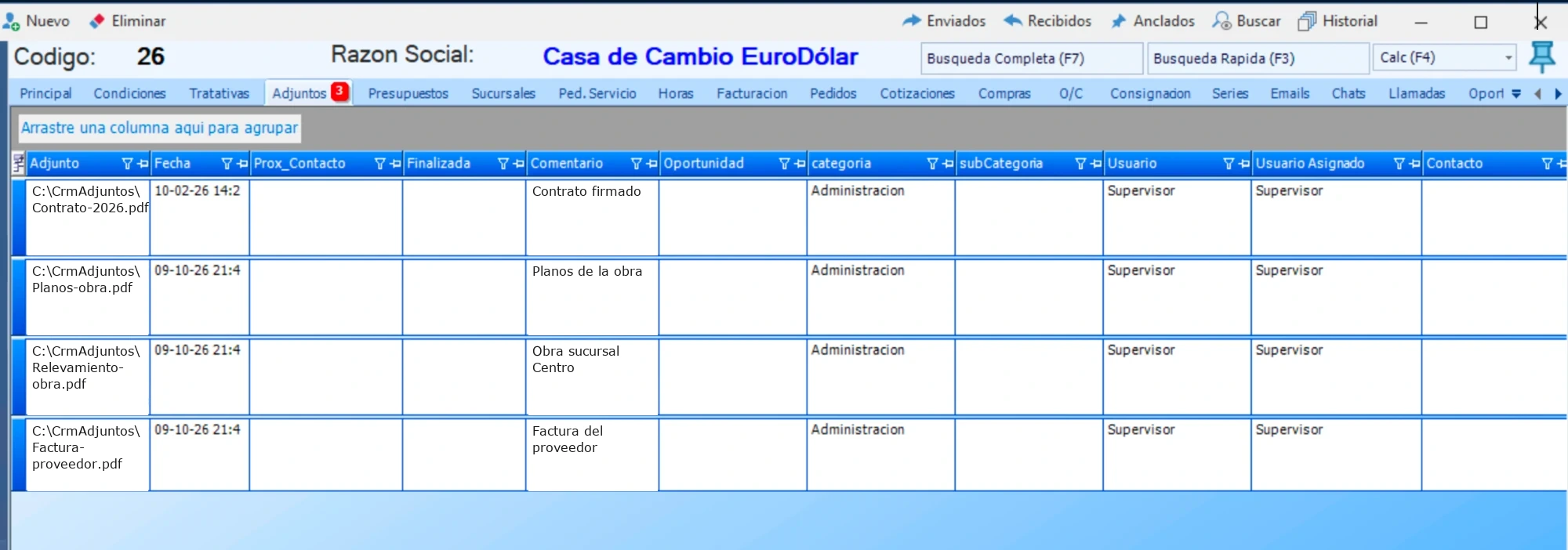 Documentos adjuntos en la ficha del cliente, con fecha, comentario, categoría y usuario
