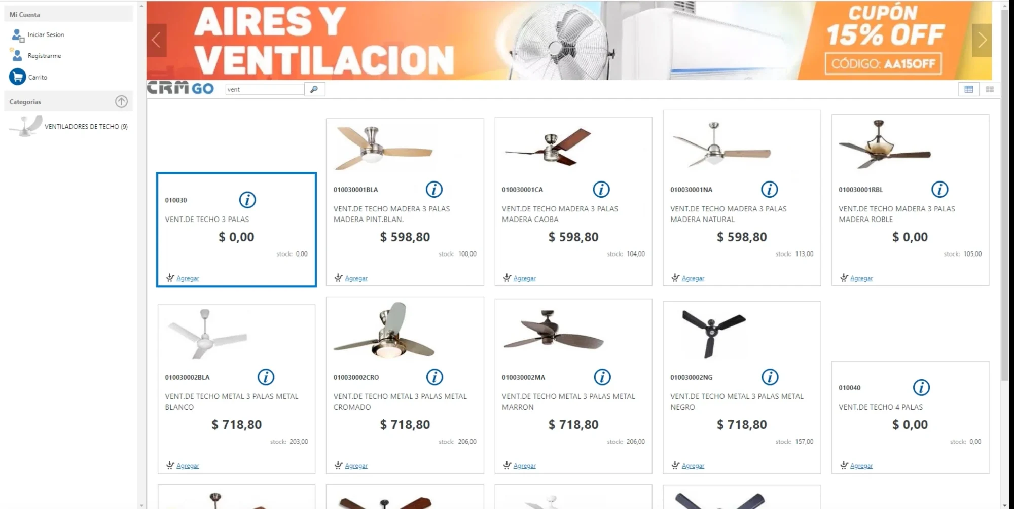 Búsqueda "vent" con los ventiladores en vista de tarjetas