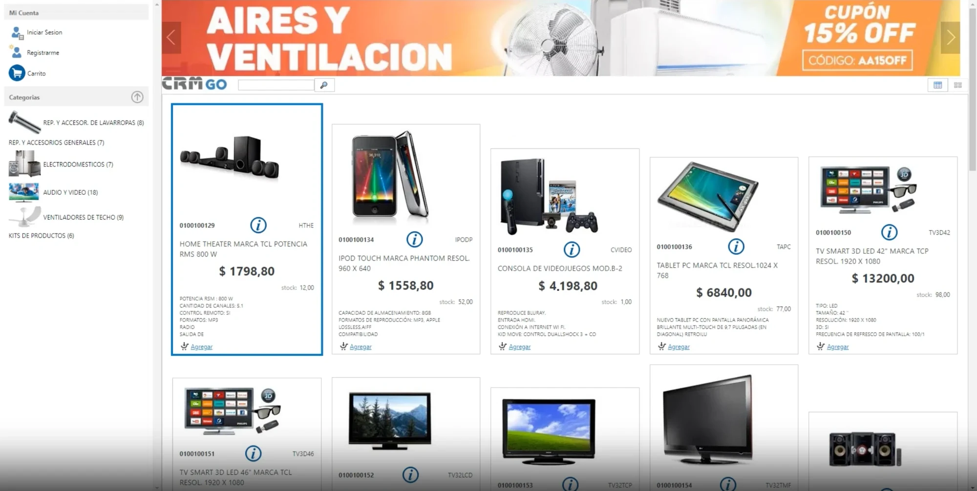 Catálogo con banner de promociones, categorías y productos con precio y stock