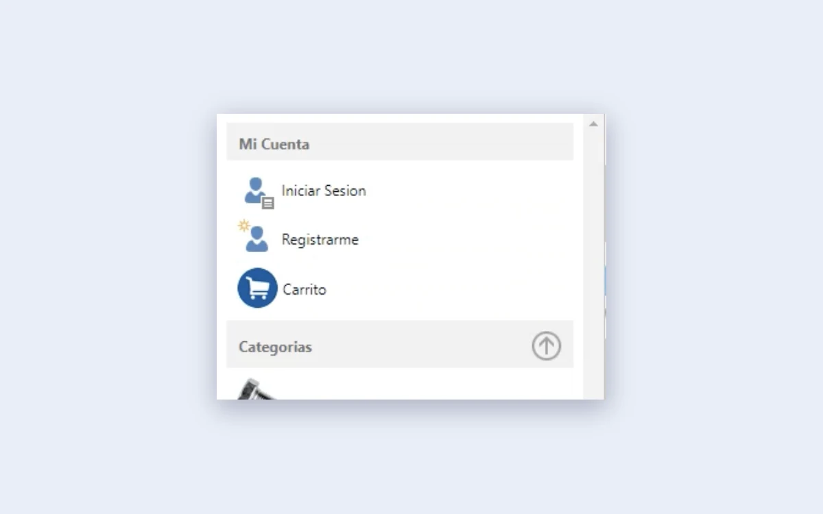 Panel Mi Cuenta con Iniciar sesión, Registrarme y Carrito