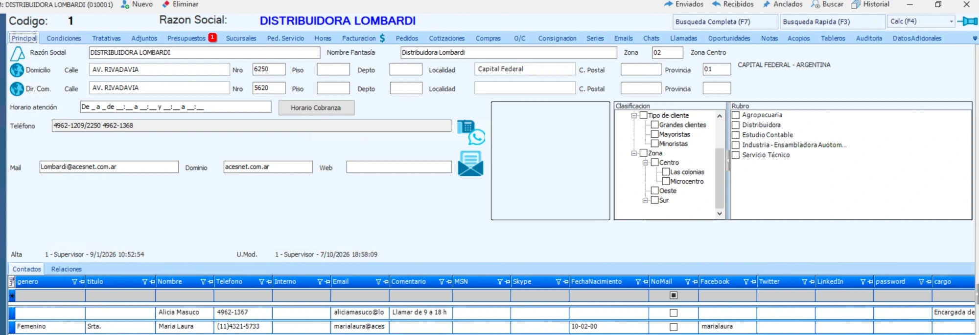 Ficha de cliente en CRM Go con datos comerciales y solapas de tratativas, mails, presupuestos y sucursales
