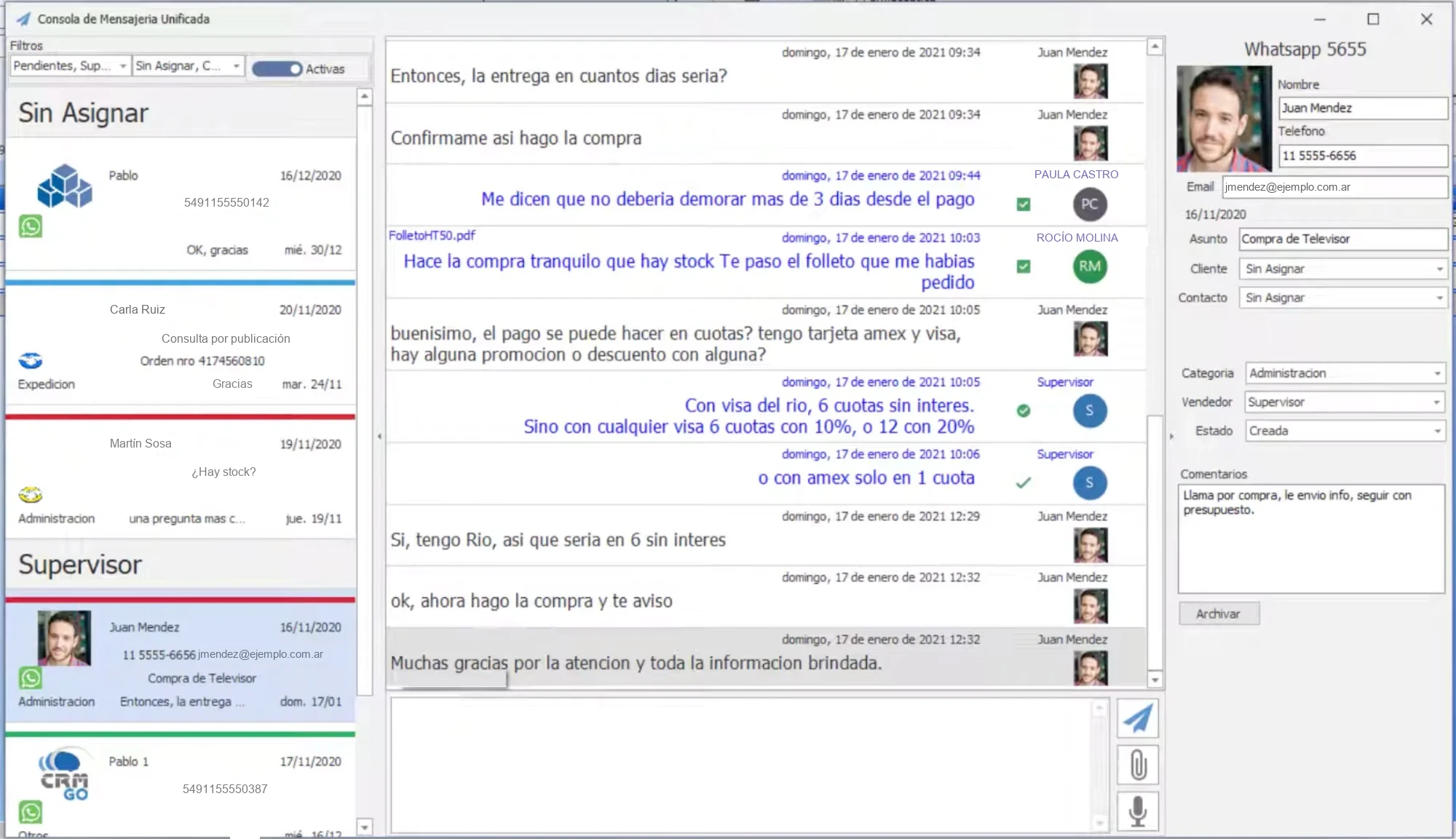 Consola de mensajería unificada de CRM Go: conversaciones por WhatsApp asignadas a un vendedor y el número asociado al cliente