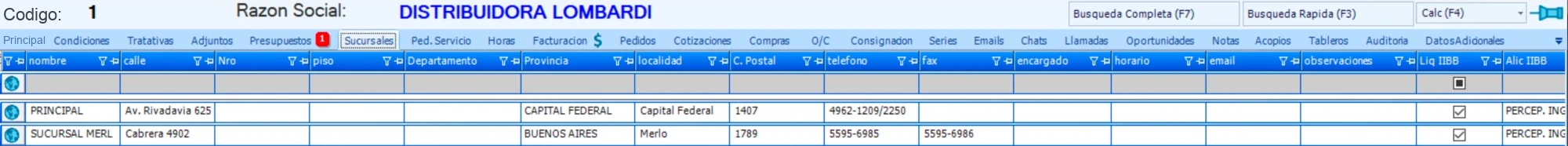 Solapa Sucursales de la ficha del cliente: sucursal principal y Sucursal Merlo con calle, provincia, localidad, código postal y teléfono