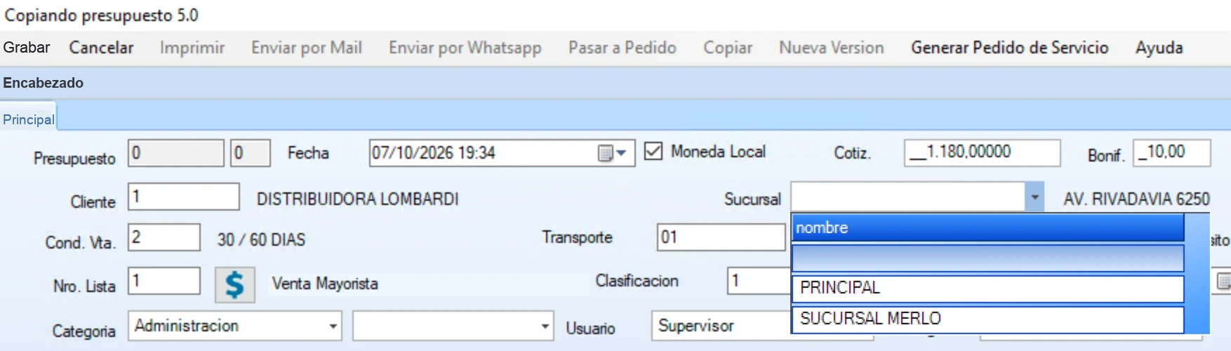 Presupuesto de CRM Go con el desplegable de sucursal abierto: Principal y Sucursal Merlo