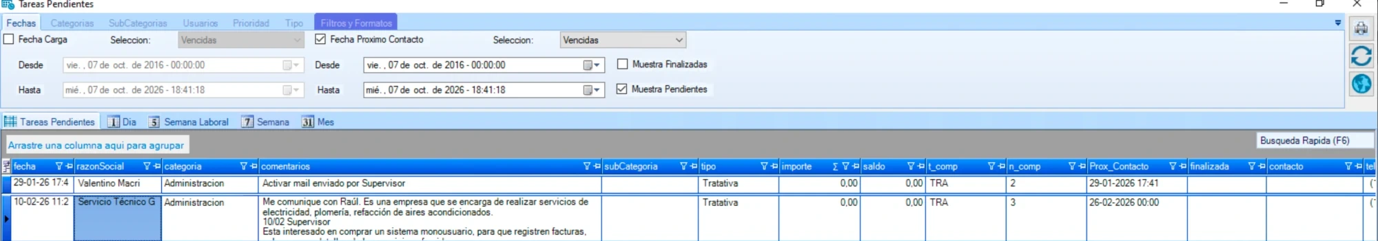 Panel de tareas pendientes de CRM Go con filtros por fecha de próximo contacto y vistas de día, semana y mes